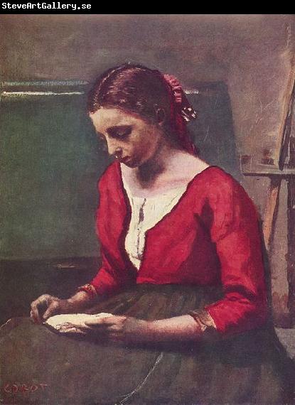 Jean-Baptiste-Camille Corot Lesendes Madchen in rotem Trikot